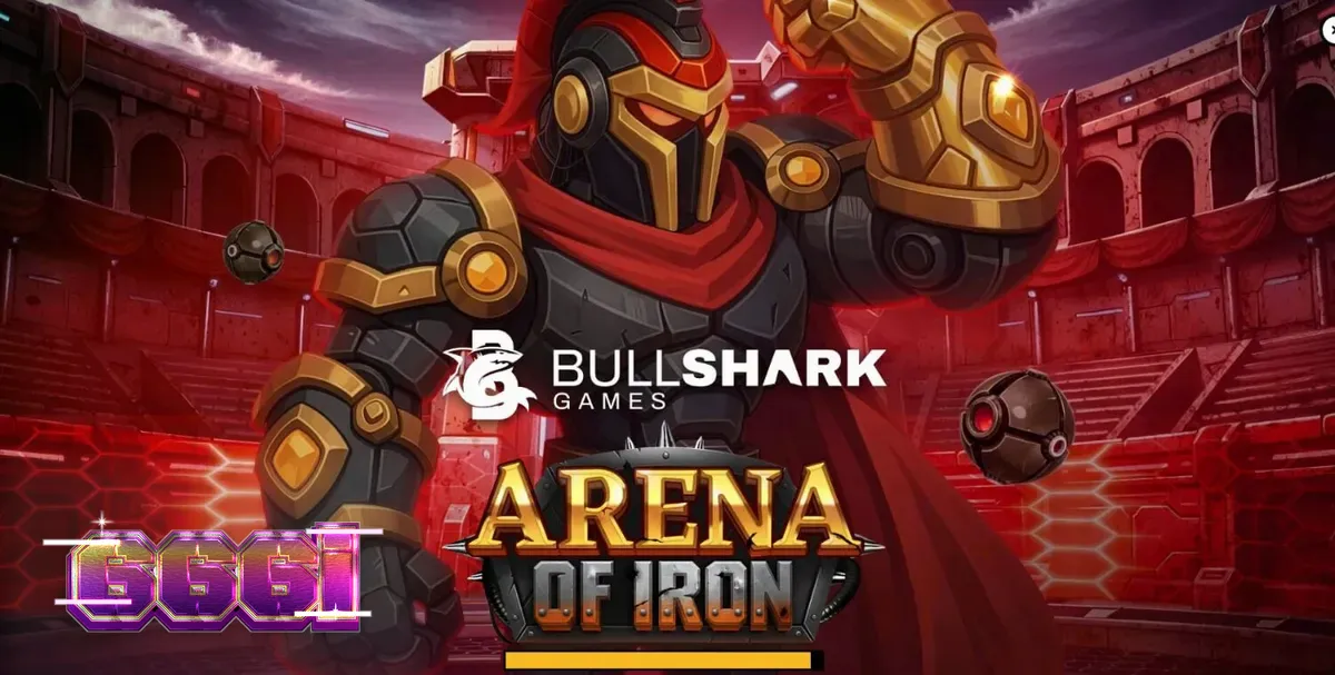 Tampilan antarmuka mobile slot Arena of Iron dengan tema futuristik